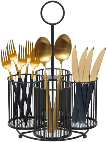 Sutowe Utensilienhalter Organizer 360° drehbar, 4 Fächer, Aufbewahrung aus Metall für Utensilien, Organizer mit Griff, multifunktionaler Küchenutensilienhalter für Theke (schwarz)