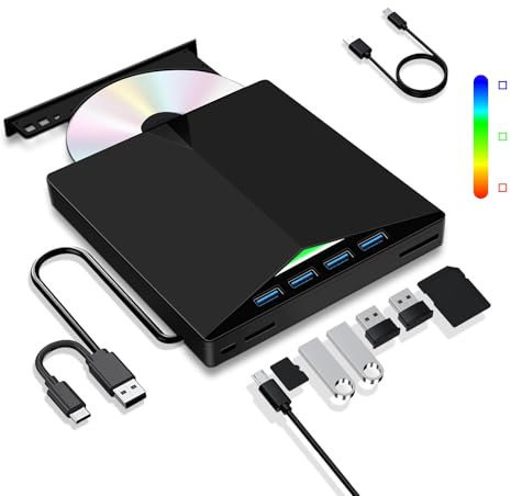 Dictien Lettore CD/DVD Esterno per PC, Masterizzatore Portatile Unità Esterna USB 3.0 CD/DVD -/+RW Drive con 4 Porte USB e 2 Lettore di Schede TF/SD per Laptop/Desktop/Windows 11/10/8/7/XP/Vista/Linux
