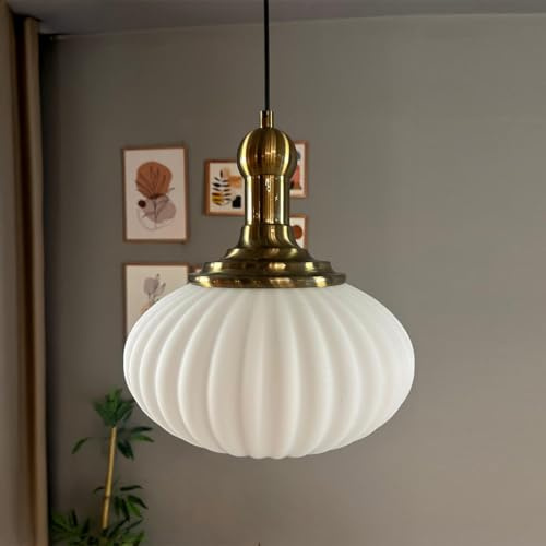 bamyum Elegant Pendelleuchte Vintage Glas Weiß, 30 cm Retro Hängelampe Esstich, Pendelleampe Kugel, Küchenlampe Wohnzimmer E27, Glaslampe Hangend, Lampenschirm