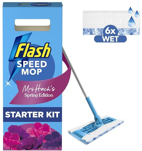 Flash Speedmop Mrs Hinch's Wet Mop Head Floor Cleaner Starter Kit For Cleaning Floors With Scrubbing Action, Includes: 1 Mop, 6 Wet Refills, Lemon Scent