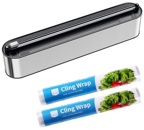 Quasziwa Aluminum Tin Foil & Cling Film Dispenser and Cutter - Magnetic & No-Drill Wall Mount, Stainless Steel Design, Space-Saving Kitchen Organizer for Worktops & Cabinets - 2 x 100m Food Wrap Set