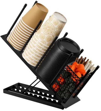 Youyijia Adjustable 4-Compartment Cup & Lid Holder with Removable Straw Basket Heavy-Duty Metal Coffee Cup Dispenser for Bar Office Restaurant Organizes 100 Disposable Cups Straws & Pods (Black)