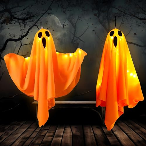 Kuataty 2 Stück Lichterkette Halloween Deko Geist Led Gruselig Hängend Geister mit Licht 3 Modi, Gespenst Halloween Dekoration Innen Outdoor für Party, Garten, Haustür, Terrasse (Orange)