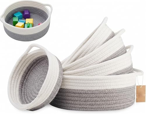 Aufbewahrungskorb Geflochten Grau, 5er Set Baumwollseil Körbe mit Griff, Aufbewahrungskörbe für Bad Schlafzimmer Wohnzimmer Babyzimmer & Wickeltisch(Grau)