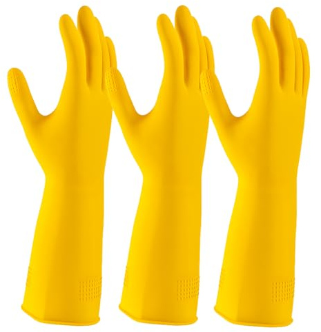 ZINNIAUK 3 x Medium Household Gloves, Yellow Heavy-Duty Rubber Cleaning Gloves with Non-Slip Nitrile Grip, Durable Waterproof Design for Kitchen, Bathroom & Dishwashing, Comfortable & Multipurpose Use