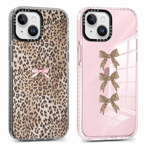 Yirlbey 2 Stück für iPhone 13 Mini 5,4'' Hülle, Transparent Handyhülle Rosa Schleifen Leopard Aesthetic Muster Motiv Design Mädchen Frauen Clear Case, Durchsichtig Dünn TPU Bunt Silikon Stoßfest Cover