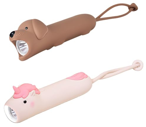 BAIFULAI 2 linternas recargables para niños de silicio: linterna infantil de silicona regulable con forma de cachorro y unicornio, linterna LED estroboscópica portátil para niños a partir de 3 años