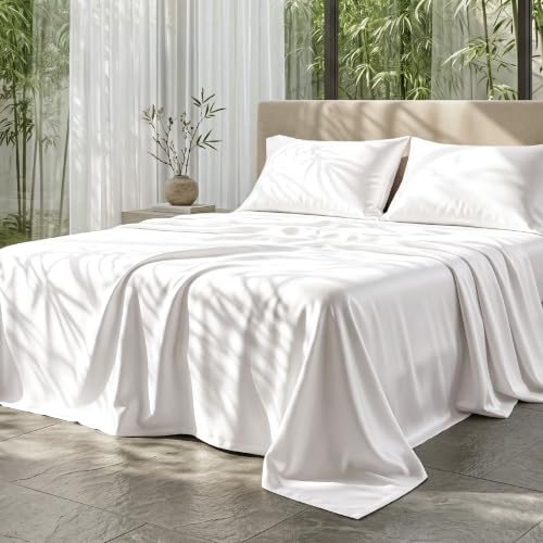 Bedsure Double Duvet Cover Set - 100% Rayon Derived from Bamboo, White | Cooling Breathable Silky Soft Zipper Closure Corner Ties OEKO TEX Hot Sleeper Summer Bedding with 2 Pillowcases 200x200cm