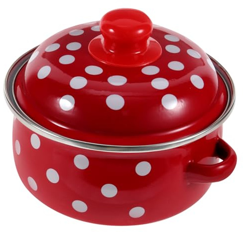 Emaille Suppentopf mit Deckel 1, 1 L, Old Fashioned, Rot | Weißen Punkten, Zwei Seitliche Anti Rutsch Griffe, für Haushalt, Multi Purpose Cooking