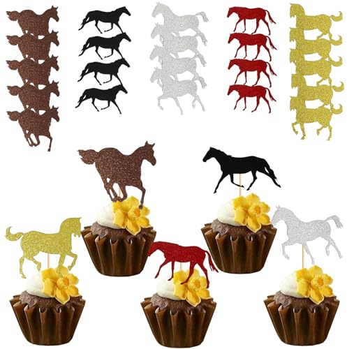 Silars Tortendeko Pferd, 20 Stücke Glitzer Tortenaufleger Pferd Cupcake Topper Pferd, Kuchendeko Pferd Geeignet für Pferdeliebhaber, für Geburtstagsfeiern,Themenpartys zu Pferden