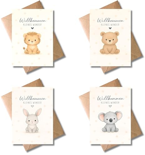 WBdesignz 4er-Set Geburtskarten „Willkommen kleines Wunder“ mit Umschlägen - süße Karten mit Löwe, Bär, Hase & Koala für Mädchen & Jungen - Unisex Willkommenskarte, Glückwünsche zur Geburt (DIN A6)