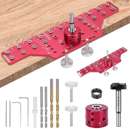 SKJJM Lochreihen Bohrschablone, 2 in 1 Regalstiftvorrichtung und 35mm Scharniervorrichtung, Schablone Bohrführung mit 5mm 6.25mm Bohrlehre für Holzbearbeitung, DIY-Holzbearbeitungswerkzeug (Long)