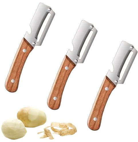 3PC Pelador De Verduras Multifunción 3 En 1,Pelador De Frutas Y Verduras Con Hoja Ultraafilada,Acero Inoxidable Con Mango De Madera Y Abrebotellas,Abrir Botellas De Vino Sin Esfuerzo,Kiuiom