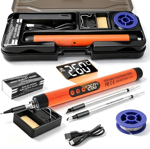 Cordless Soldering Iron Kit USB C Rechargeable Portable Soldering Iron with LCD Display Adjustable 260 to 420C Heat, 3 Tips, Fast Heating Portable Repair Tool for Electronics DIY Circuit Board Jewelle