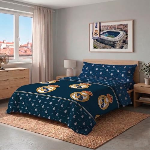Real Madrid CF - Juego de Sábanas Verano 3 Piezas 100% Microfibra Oficial CF 2026 Modelo 1 Azul Marino – Suave, Resistente y Diseño Exclusivo, Escudo (Cama 105 cm)