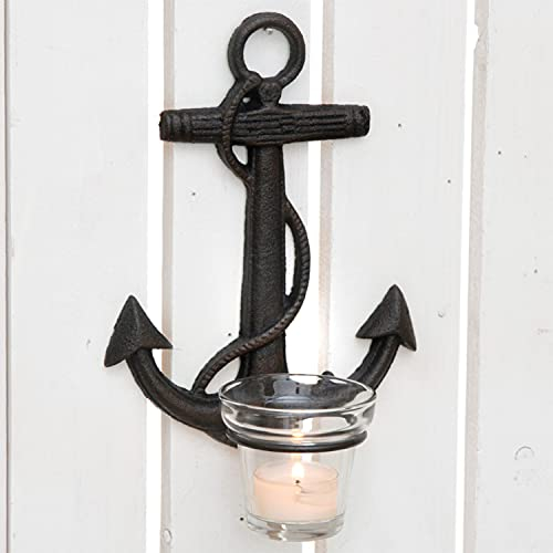 Dio Wanddeko Anker, Gusseisen, antik-schwarz, inkl. klarem Teelichthalter, ca. 15x9,5x21 cm