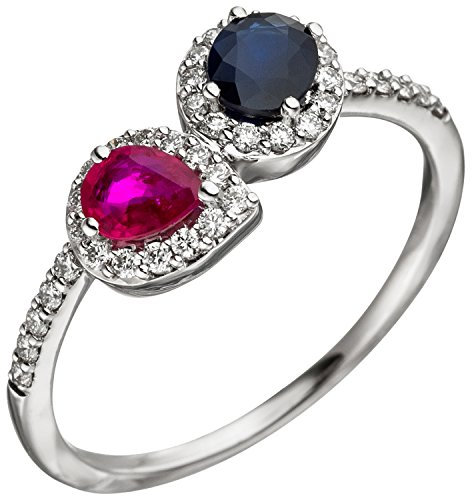 Jobo Damen-Ring aus 14 Karat 585 Weißgold mit Rubin Safir und 38 Diamanten Größe 60