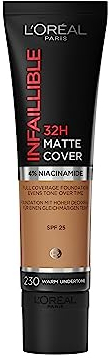 L'Oreal Paris Cover Liquid Foundation, con 4% niacinamide, lunga durata, finitura naturale, disponibile in 20 tonalità, SPF 25, copertura opaca 32H, tonalità 230, 30 ml