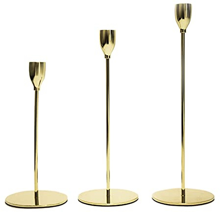 PUCHIKA Kerzenständer Gold 3er Set, Metall Gelbgold, hochwertig solide Säule, für Stabkerzen mit Durchmesser 2 cm, Deko für Valentinstag Weihnachten Hochzeit Zuhause Essen, 33/28/23cm