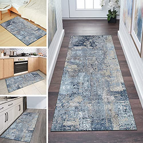 QQrunner Teppichläufer rutschfest Läufer Flur 70x150cm Küchenteppich Abstrakt Grau Blau Waschbar Meterware Schlafzimmer Korridor Teppich Lang, Länge Anpassbare, 40-120cm Breit