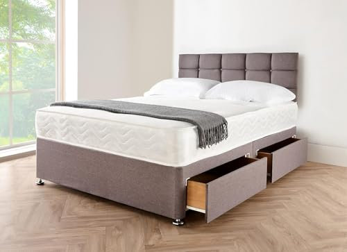Divan Beds Deals Grey Double Divan Bed | 20 Headboard Plush Velvet Bed With 10” Spring Memory Foam Mattress 2 Storage Drawers