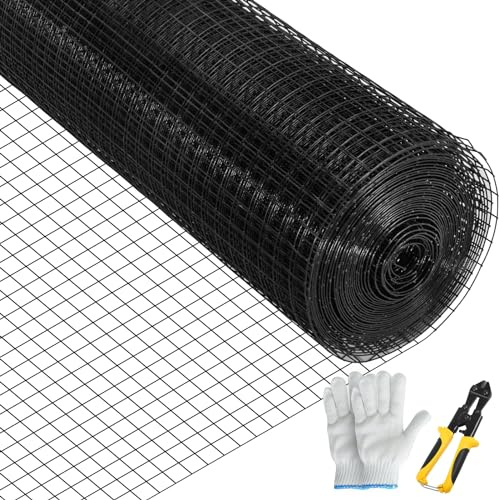 VEVOR Hardware Cloth, 24 x50' & 1x1 Mesh Size, Galvanized Steel Vinyl Coated 16 Gauge Welded Wire w/A Cutting Plier & A Pair of Fabric Gloves, for Garden Fencing & Pet Enclosures, Black