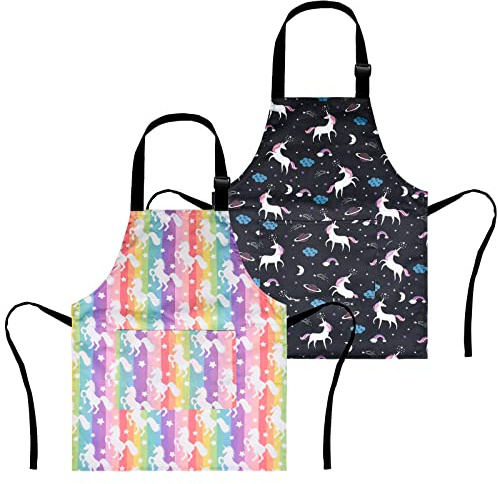 XonyiCos 2er-Pack Kinder Jungen Dinosaurier Schürzen, Mädchen Einhorn Schürze zum Kochen Malen Chef Cartoon Schürze für Kinder 3-12 Jahre