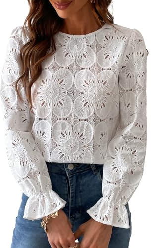 CUPSHE Women Eyelet Long Sleeve Fall Tops Shirts Dressy Hollow Out Crochet Lace Embroidered Blouses 2026 Fashion Top White M