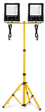 TRMLBE Faretto LED da costruzione, 2 x 200 W, con treppiede, faro da lavoro, IP66, impermeabile, con cavo da 3 m, per interni ed esterni, bianco freddo