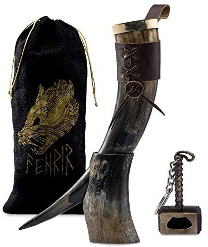 FENRIR Viking Drinking Horn with Stand | Thor Bottle Opener | Authentic Ox Horn Norse Medieval Stein for Ale, Mead, Whiskey | Loud Cup Tumbler Horn | Unique Gifts for Men | 16-oz Natural Polished