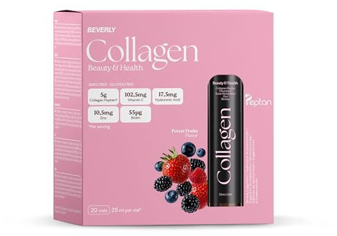 Beverly Collagen | Colágeno marino puro Peptan + Acido hialurónico | 20 Servicios | Sabor Frutas del bosque | Salud de la piel, articulaciones y huesos