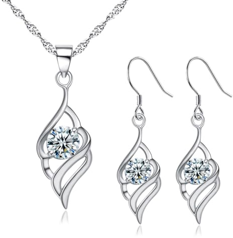 Deyanse Silber 925 Schmucksets Damen, 925 Sterling Silber Engelsflügel Sets | 45 + 5 cm Flügel Anhänger Silberkette & Ohrhänger Set, 2 Stück Halskette & Hängeohrringe-Set mit Cubic Zirkonia, Geschenk Box