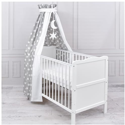 Generisch Baby Delux Babybett Himmel Betthimmel Baumwolle Baldachin für Babybett Kinderbett Wiege Stubenwagen Himmelstange Sterne Mond Applikationen Deko (Big Stars Grey, mit Himmelstange)