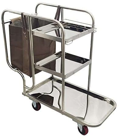 INTBUYING 3 Shelf Janitor Cart Stainless Steel Janitor Cart with Cloth Bag Multi-Function Cleaning Car with Mute Wheel for Hotels,Families, Schools,Restaurants