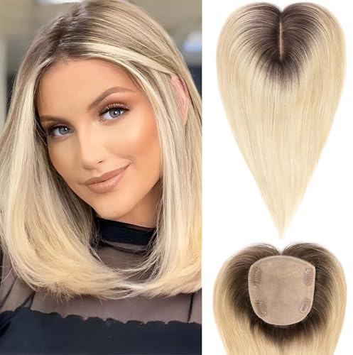 HAIRCUBE 5 x 5,5 Zoll große Haarteile mit großer Basis für Frauen, Echthaarteil, 12 Zoll Ombre Hellblond, 100% Echthaarteil, ohne Pony für Frauen mit dünner werdendem Haar oder grauen Haarwurzeln