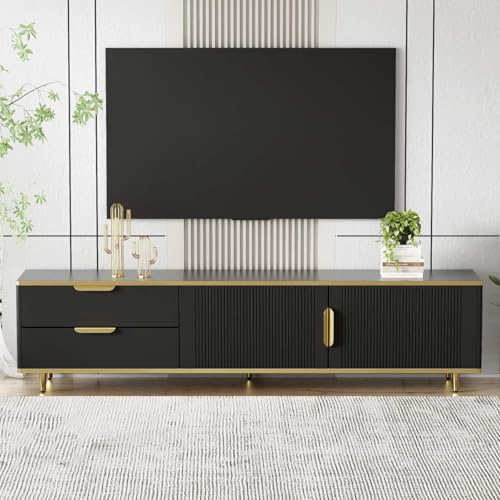 KOMHTOM Support TV noir meuble TV bas avec deux tiroirs et portes, meuble TV moderne commode télévision pour salon chambre à coucher (noir)