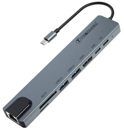 Tosomoki - USB C Hub with Ethernet, 8-in-1 Type C Multiport Adapter, 100W PD, 4K HDMI, USB 3.0/2.0, SD/TF Card Reader, for iPhone, MacBook, iPad, Samsung