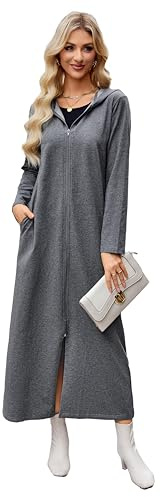 VOGMATE Peignoir de Bain Femme Fermeture éclair Longue Robe de Chambre Coton avec Capuche Doux Vêtements de Nuit Gris foncé XL