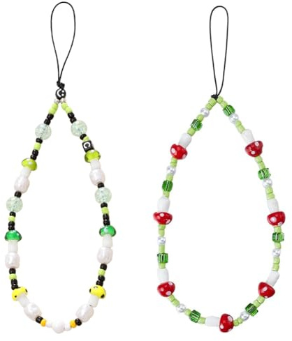 GORGECRAFT 2Pcs Red Green Mushroom Beaded Phone Charm Strap Detachable Glass Handmade Phone Case Short Lanyard Anti-Lost Beads Chain Keychain Wrist Straps Bracelet Accessories for Women Gifts