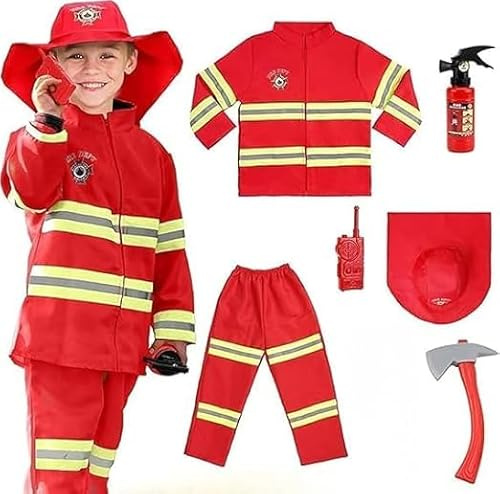 Fartoni brandmansdräkt för pojkar. Brandmansdräkter för barn i åldrarna 3-10 - Jacka, mössa, byxor, accessoarer. Brandmansdräkter för fester, karneval och halloween (7-8 år 140 cm)