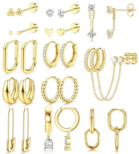 KALVICA 13 Paar 14K Vergoldete Ohrringe Gold Set für Damen: Medizinische Ohrstecker, Goldene Creolen, Hypoallergene Chirurgenstahl Edelstahl Ohrringe, Helix Piercings, Schmuck