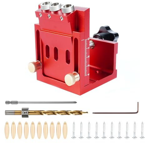 Jellybibo Pocket Hole Jig Set, 3 Löcher Einstellbar Holzdübel Taschenloch Bohrschablone, 15° Schrägloch Bohrschablone, Holzbearbeitung Sacklochbohrer mit 9.5 mm Bohren Schräg Bohrvorrichtung
