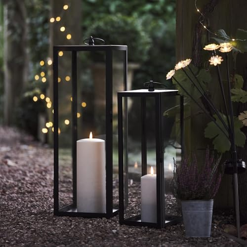 Lights4fun Juego de 2 Farolillos Negros con Velas LED TruGlow® Sin Llama a Pilas con Temporizador Resistente a la Intemperie Decoración para Interiores y Exteriores