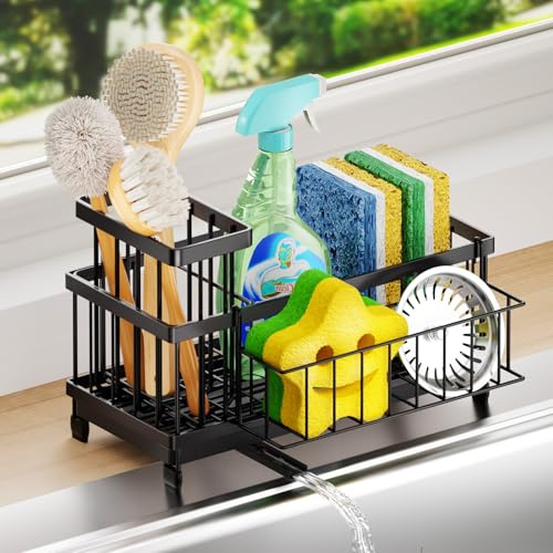 SWTYMIKI Kitchen Sink Caddy Organiser - Large Sponge Holder for Kitchen Sink with 360°Auto-Drain Tray, Rustproof Stainless Steel Tidy Caddy for Countertop Storage & Organisation | 360° Drain Tray, Rustproof Detergent Organiser, Stainless Steel Sink Organiser for Kitchen Storage & Organisation