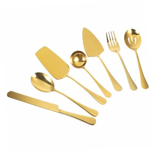 Alipis Ensemble De Couverts De Service 7 Pièces En Acier Inoxydable Doré, Comprend Coupe-gâteau 12 Pouces, Pelle à Gâteau Et Fourchettes, Ustensiles Polyvalents Pour Buffet, Fête Et Pâtisserie