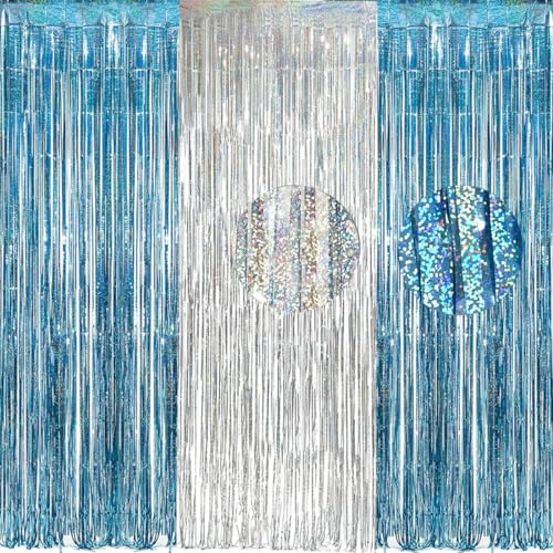 foil Blue Gray Laser Foil Fringe Tinsel Metallic Tinsel Curtain Decoration for Birthday Wedding Holiday Party (3pcs 3.3ft x 8.2ft Silk Streamers)
