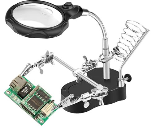 TICFOX Terza mano con lente d'ingrandimento per aiutare, Saldatura Lente d'ingrandimento Vetro ausiliario con luce LED Strumenti di riparazione di saldatura da tavolo per Lavori di Riparazione