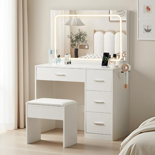 TUKAILAi Dressing Table Set with LED Mirror and Stool, Smart Vanity Table with Charging Station, 4 Drawers Makeup Desk with Hairdryer Holder, Bedroom White Cosmetics Dresser for Girls Women