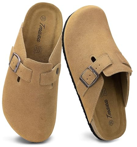 Tmaza Zoccoli e Sabot Donna Ciabatte in Pelle Scarpe -Chiuse Comodo Pantofole-Fibbia Regolabile al Piede Scarpe Marrone 37 EU