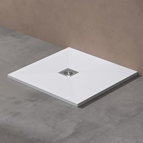 doporro Duschwanne Duschtasse 80x80x3cm aus Mineralguss in Weiß Quadratisch DIN-Anschlüsse für bodenebene Montage geeignet inkl. Ablaufgarnitur AL006 Geoma 09